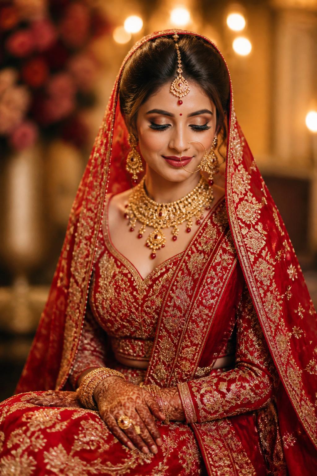 Bride in red lehenga with bridal makeup by Nikhita Nayan